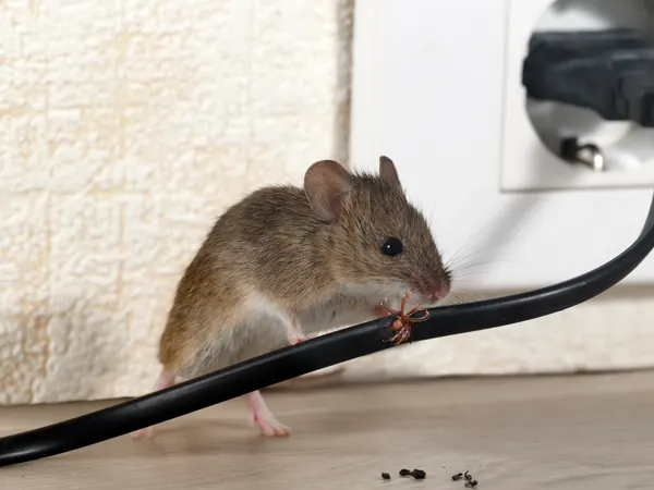 House mouse chewing an electrical cord