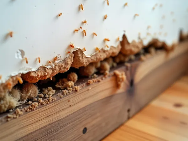 Termite damage in a baseboard with termites visible